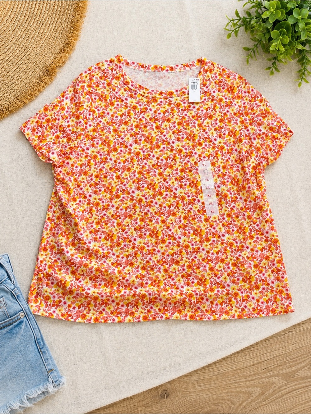Old Navy Floral Tee XL Pink Orange Yellow Cottagecore Top